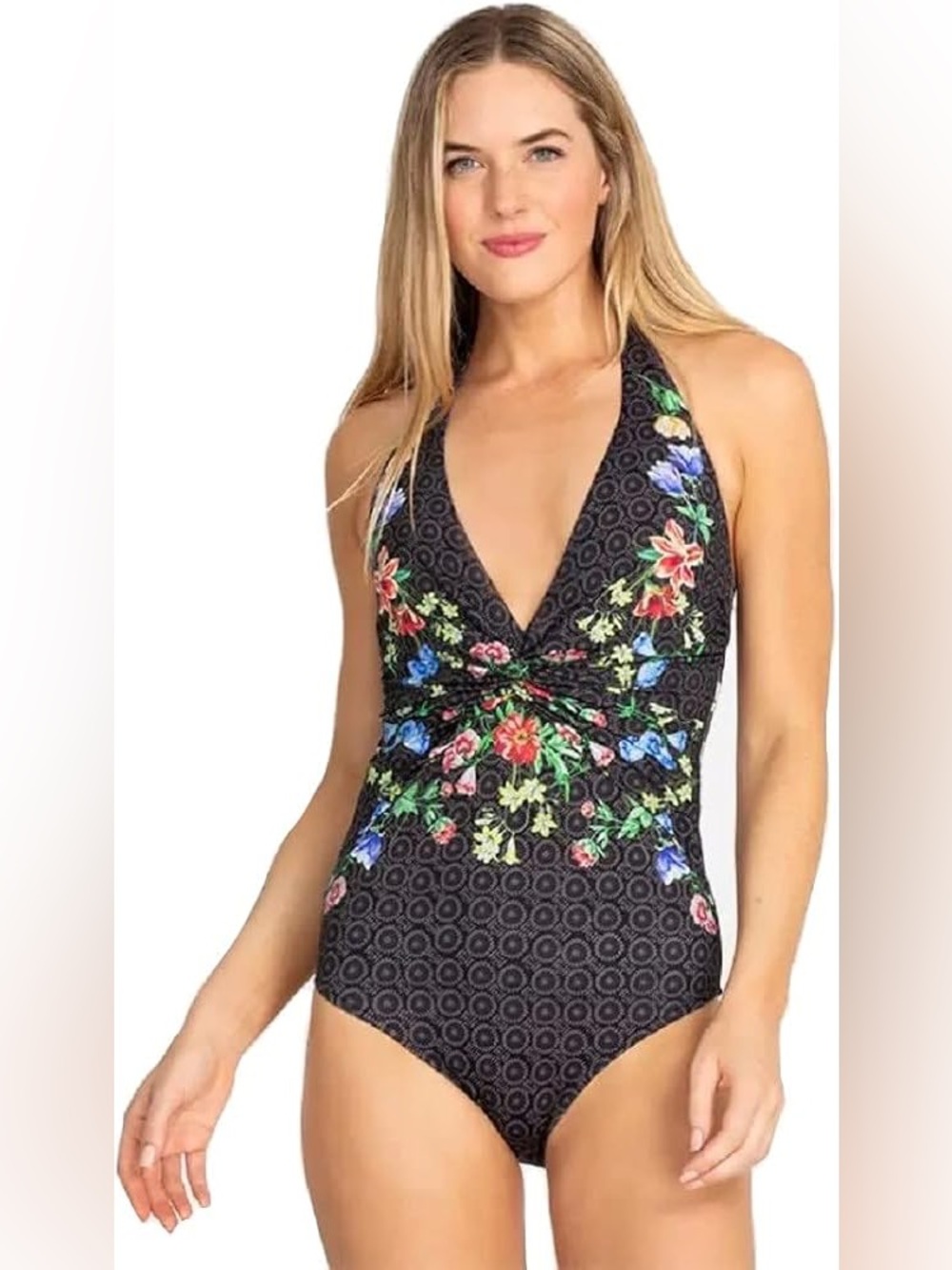 Johnny Was Black Floral Butterfly Criss Cross Back One Piece Swimsuit Medium